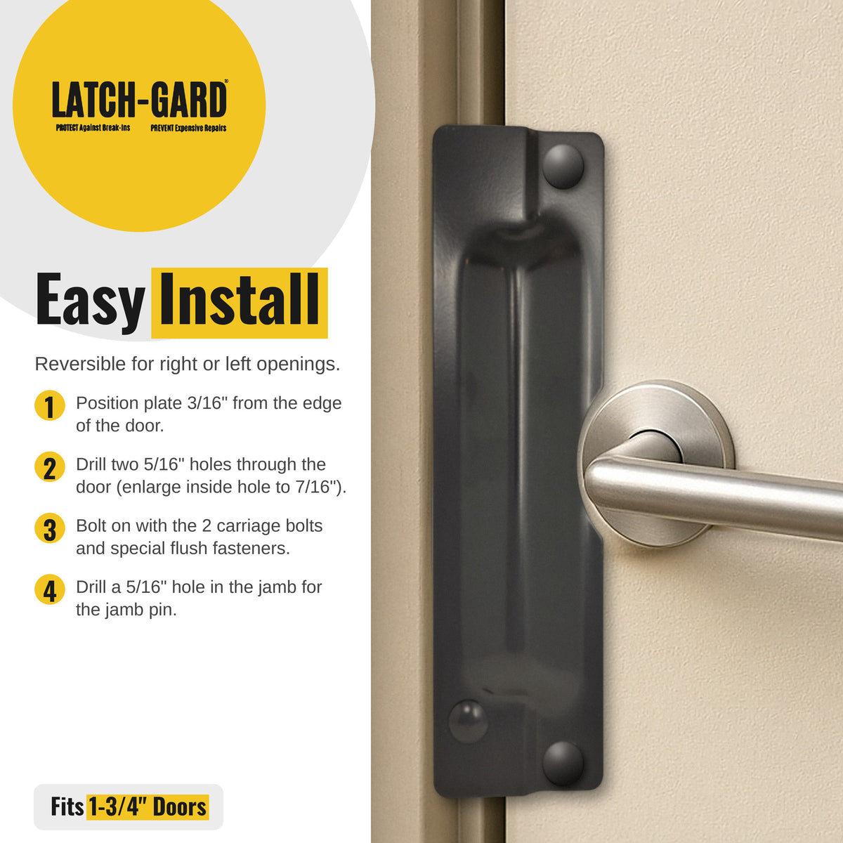 Latch-Gard LG110DSF easy install steps with latch guard shown on an outswing door