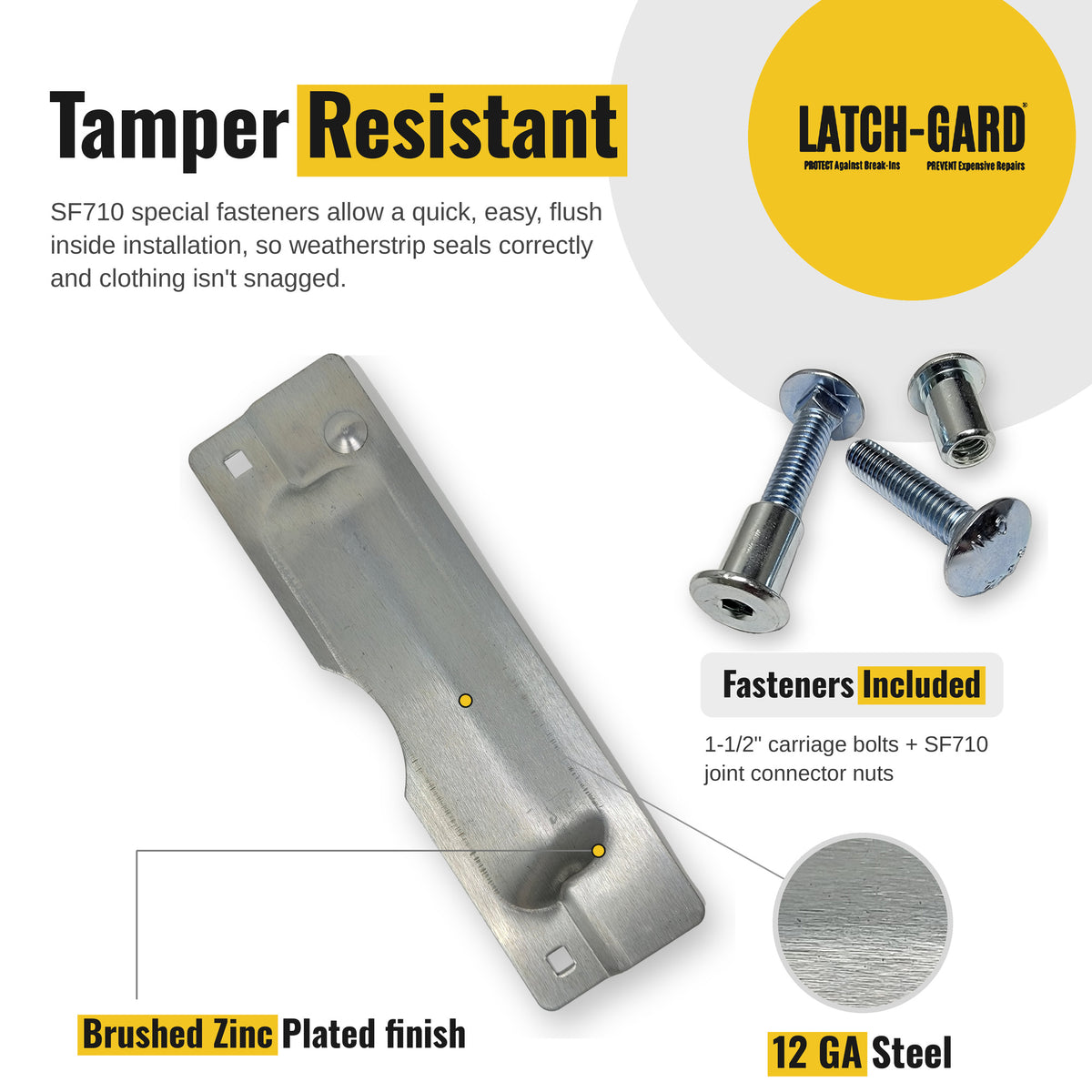 Latch-Gard LG110ZSF tamper-resistant fasteners and key features infographic