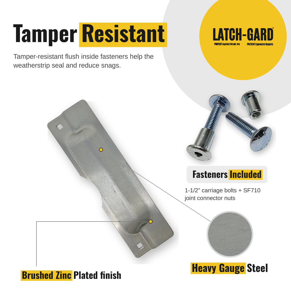 Latch-Gard LG110ZSFNP tamper-resistant fasteners and key features infographic