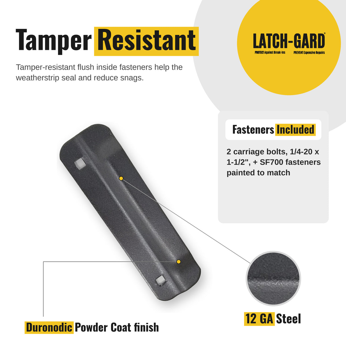 Latch-Gard LG120D tamper-resistant fasteners and key features infographic