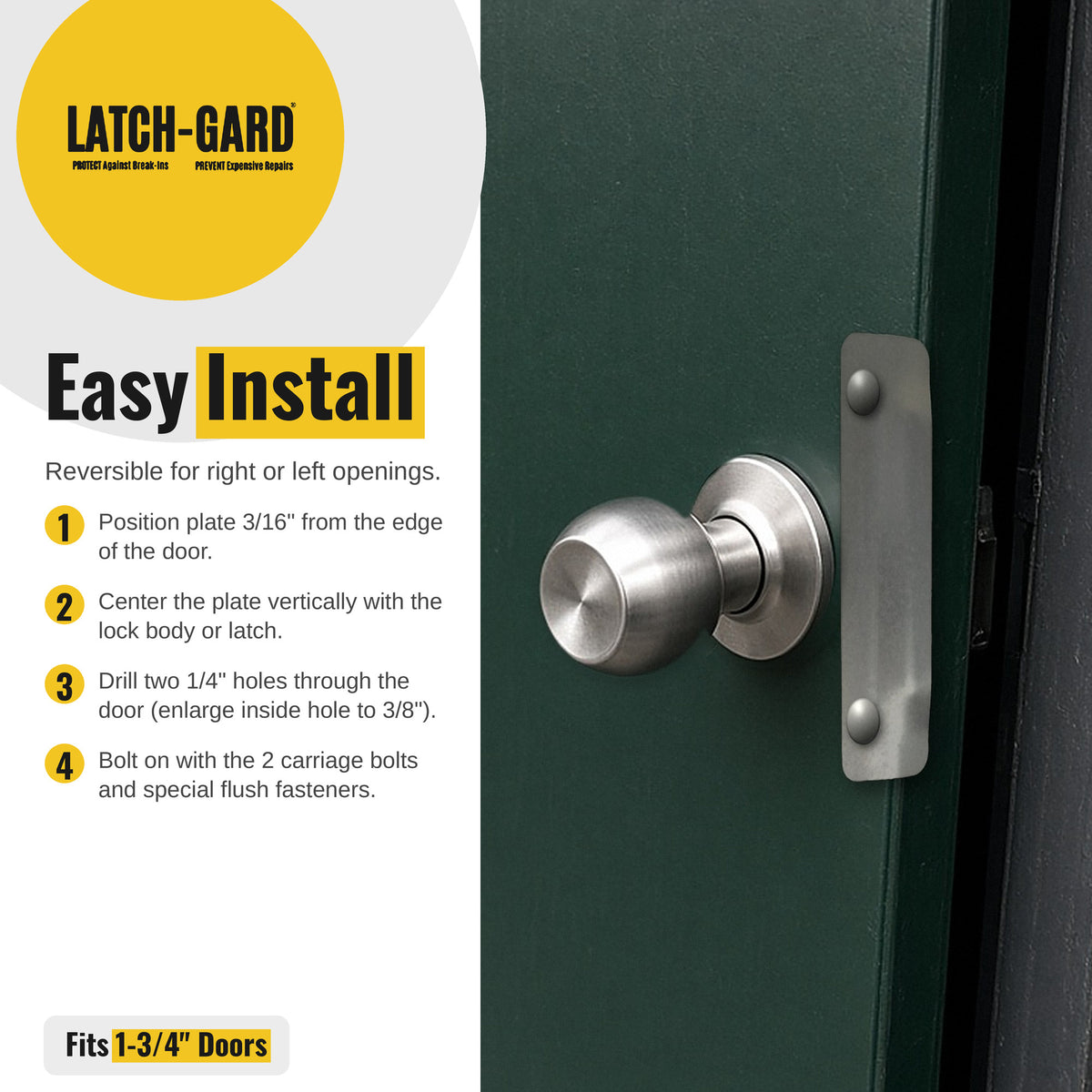 Latch-Gard LG120Z easy install steps with latch guard shown on an outswing door