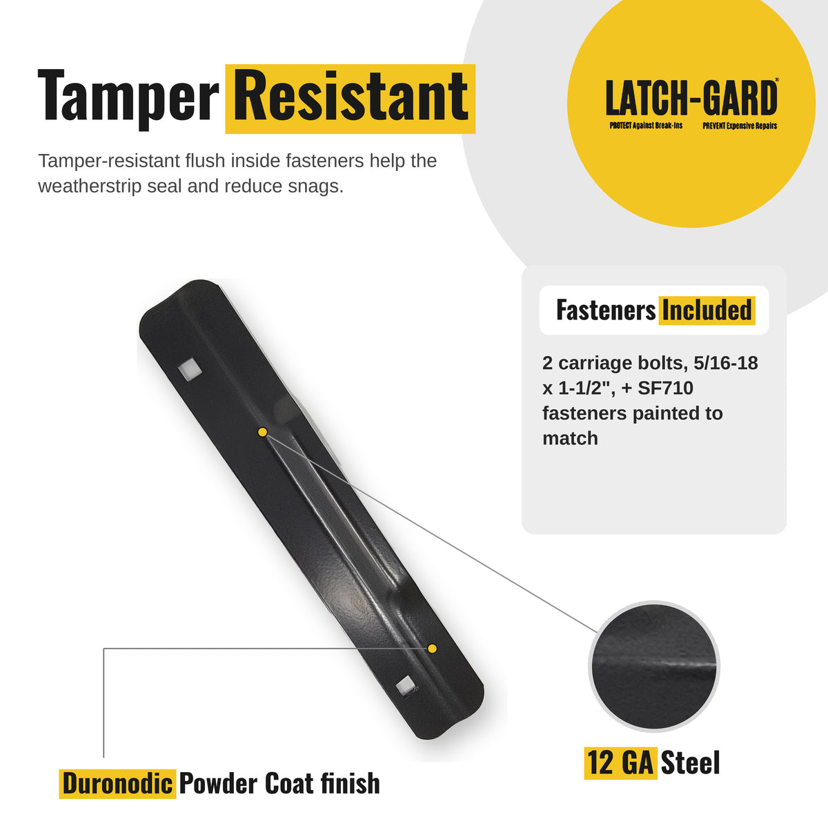 Latch-Gard LG130D tamper-resistant fasteners and key features infographic