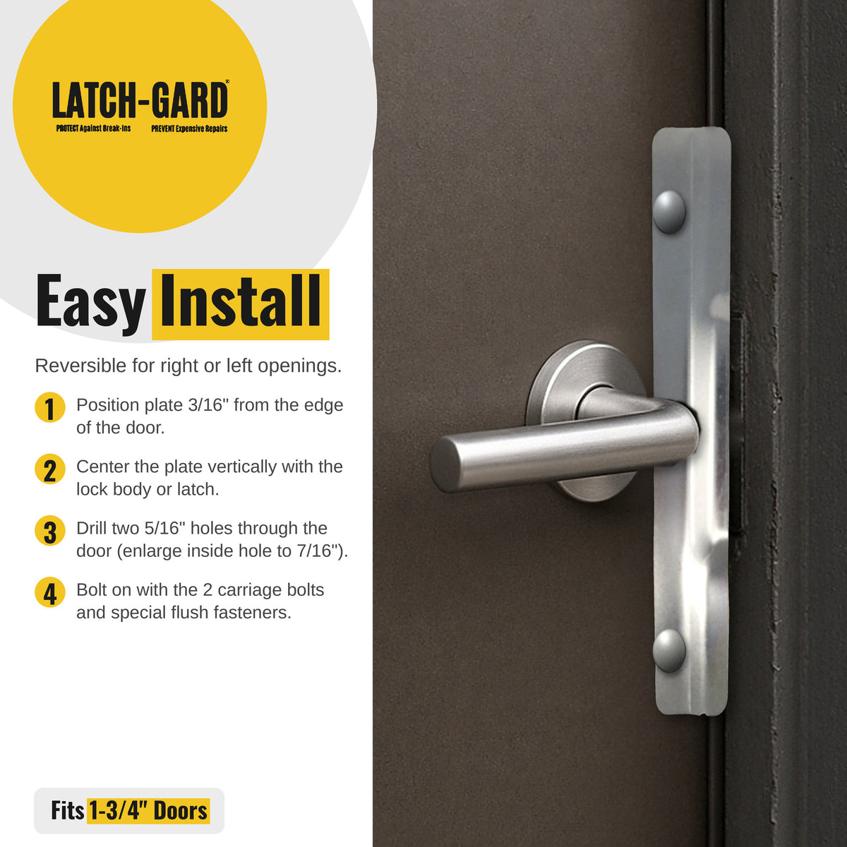Latch-Gard LG130Z easy install steps with latch guard shown on an outswing door