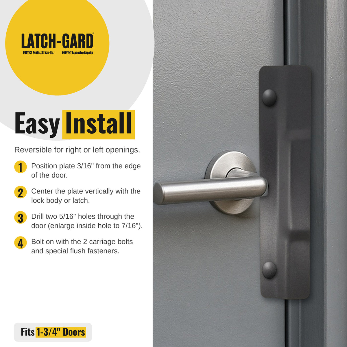 Latch-Gard LG140D easy install steps with latch guard shown on an outswing door