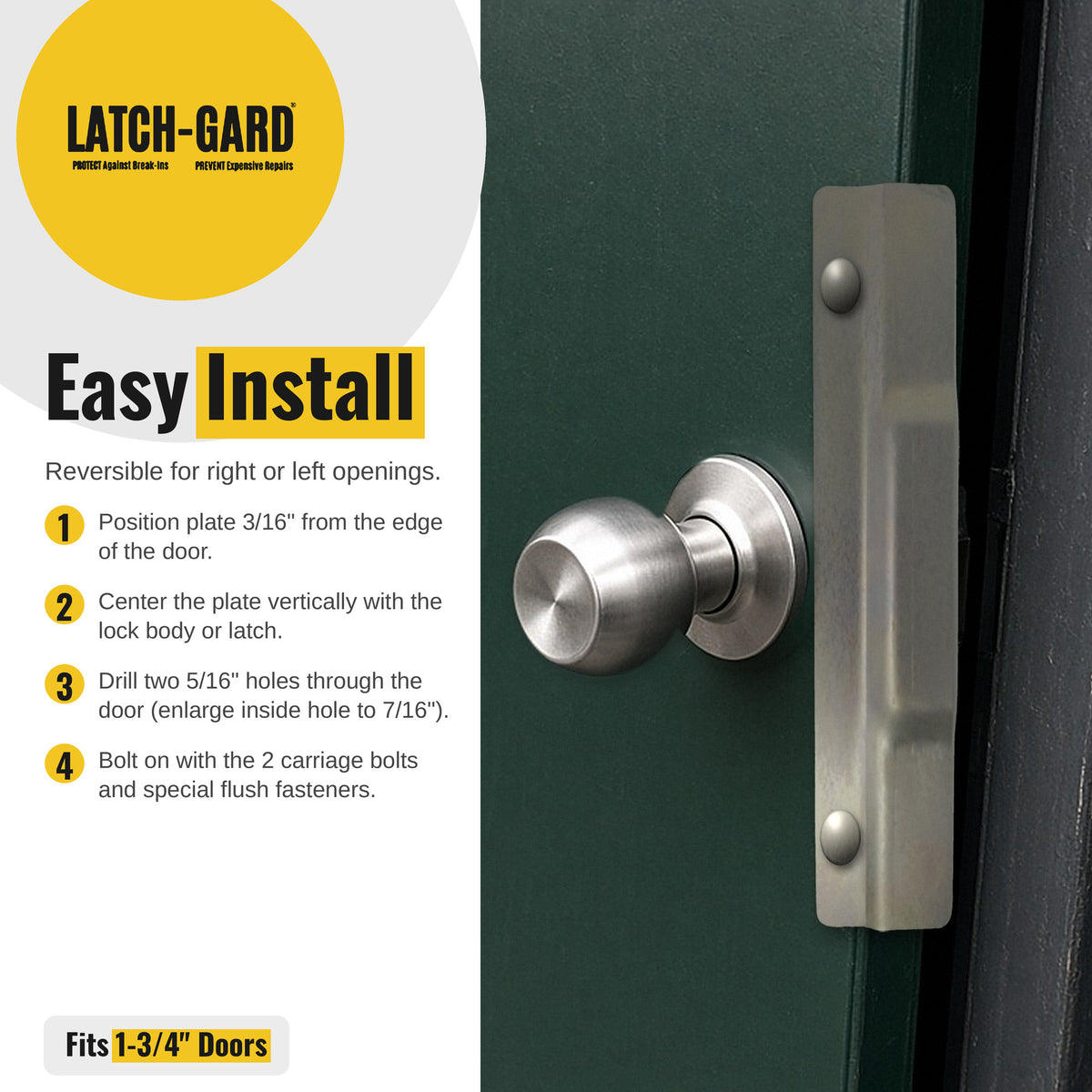 Latch-Gard LG140Z easy install steps with latch guard shown on an outswing door