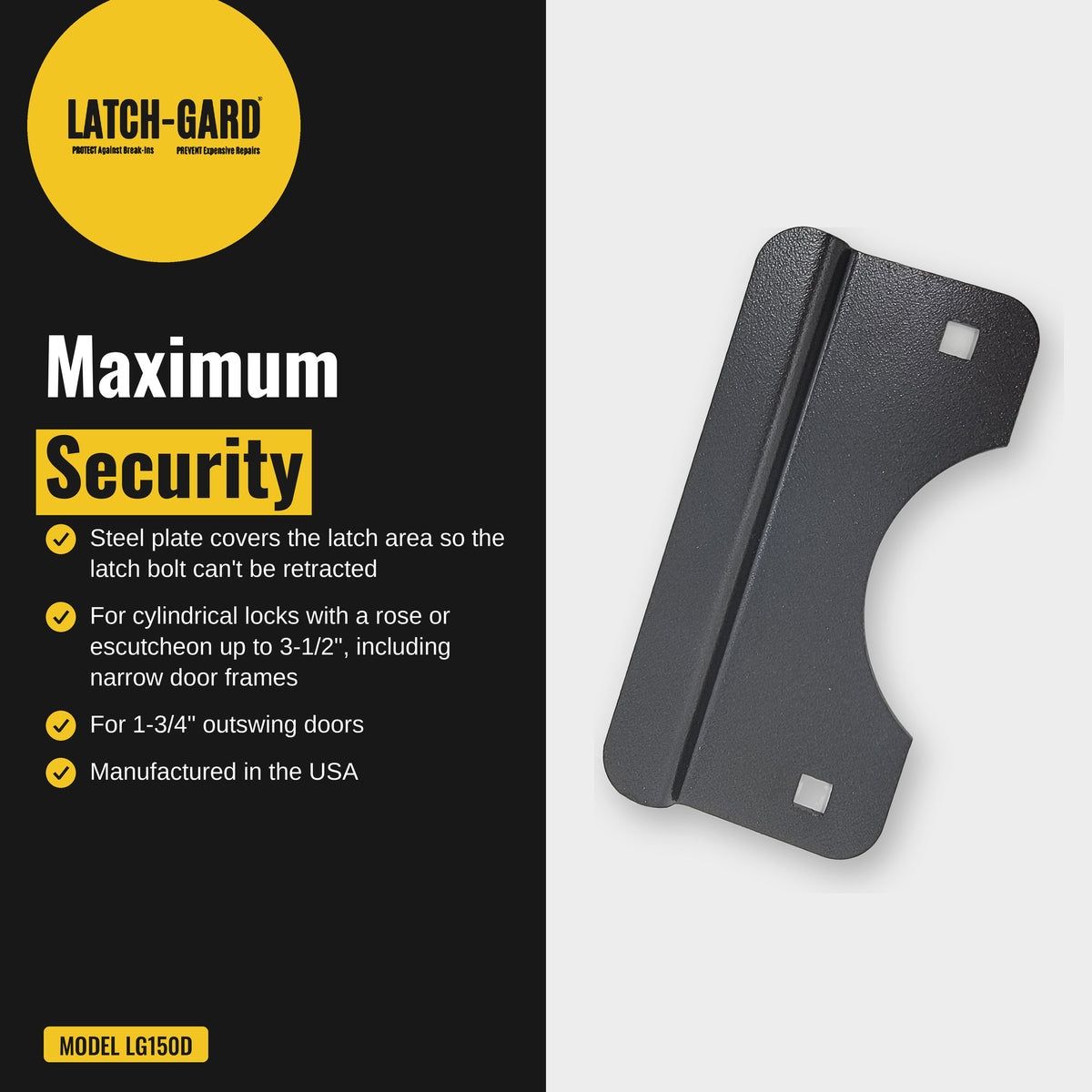 Latch-Gard LG150D maximum security infographic: plate blocks prying at the latch