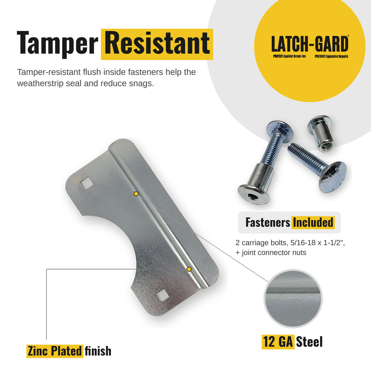 Latch-Gard LG150Z tamper-resistant fasteners and key features infographic
