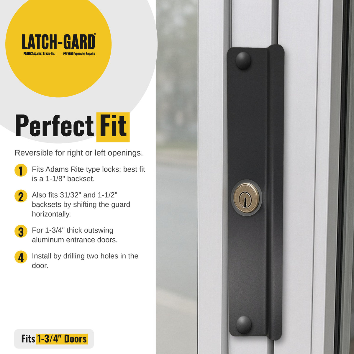 Latch-Gard LG160D easy install steps with latch guard shown on an outswing door