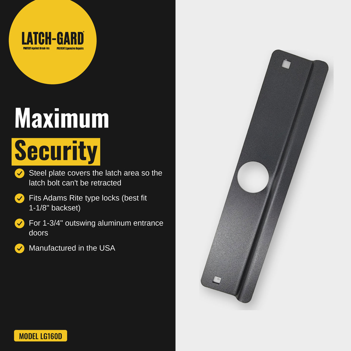 Latch-Gard LG160D maximum security infographic: plate blocks prying at the latch