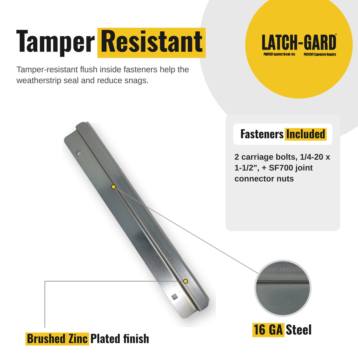 Latch-Gard LG171Z tamper-resistant fasteners and key features infographic