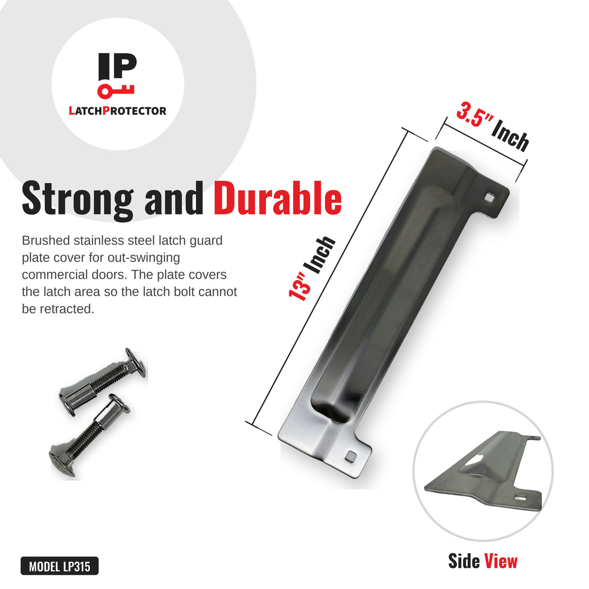 LATCHPROTECTOR LP315 latch guard dimensions: 3.5 x 13 in, strong and durable stainless steel plate