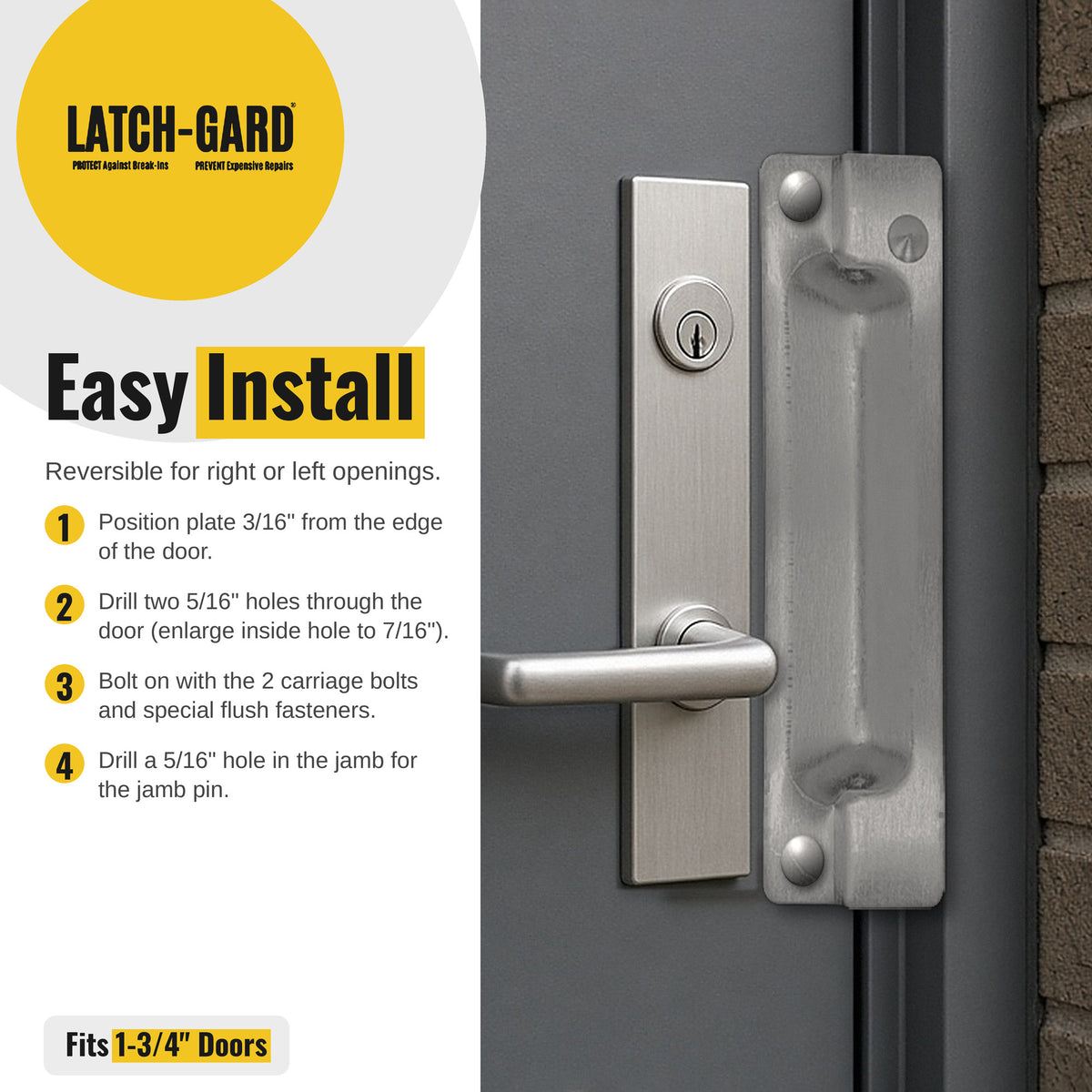 Latch-Gard LG100ZSF easy install steps with latch guard shown on an outswing door