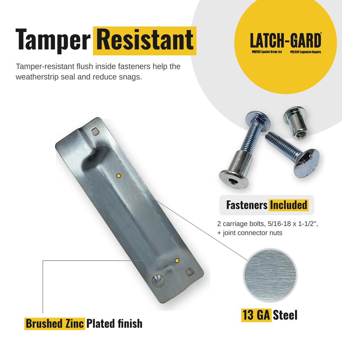 Latch-Gard LG100ZSF tamper-resistant fasteners and key features infographic
