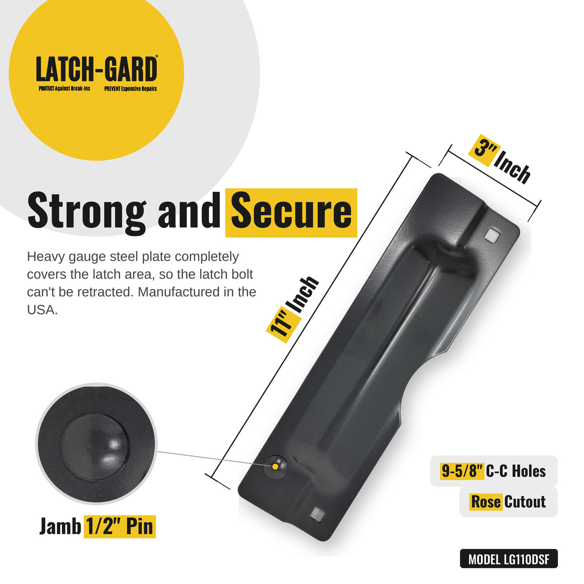 Latch-Gard LG110DSF latch guard dimensions: 3 x 11 in, Duronodic dark bronze steel plate, with fasteners