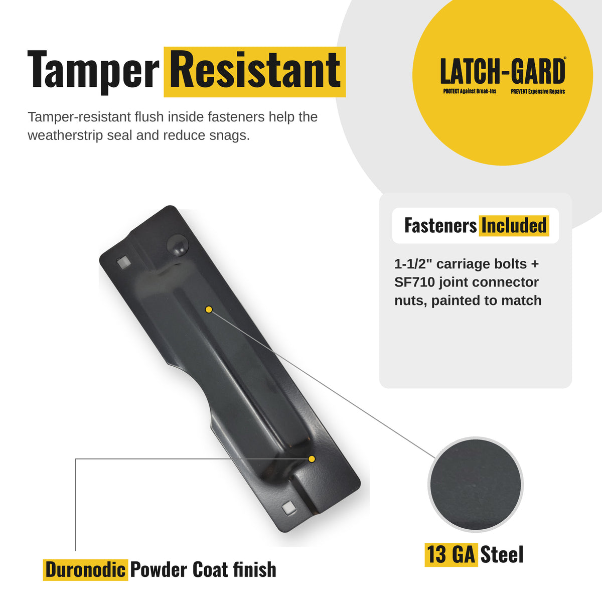 Latch-Gard LG110DSF tamper-resistant fasteners and key features infographic