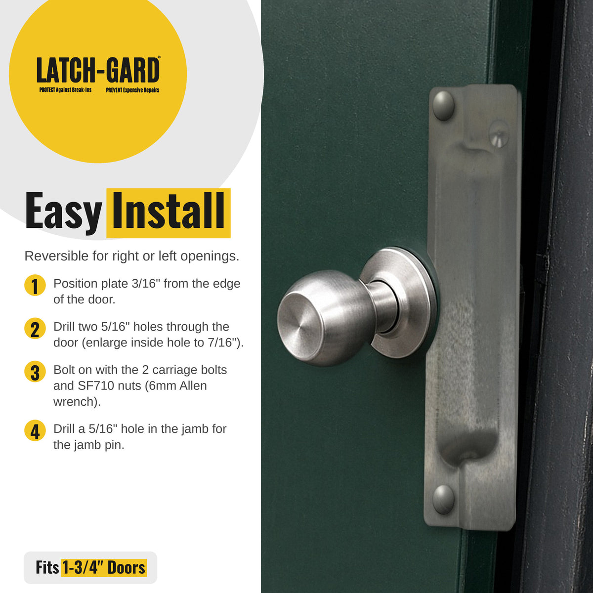 Latch-Gard LG110ZSF easy install steps with latch guard shown on an outswing door