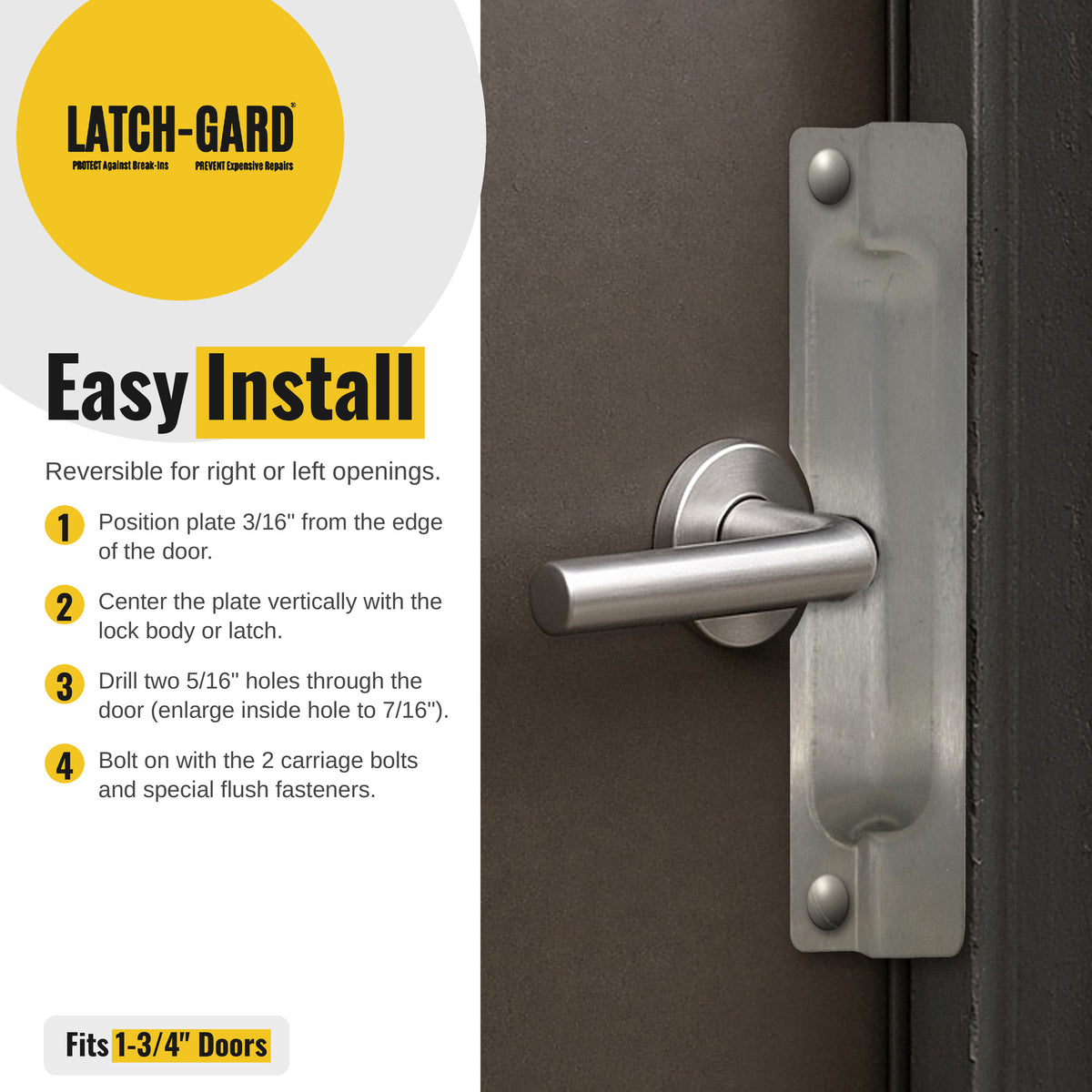 Latch-Gard LG110ZSFNP easy install steps with latch guard shown on an outswing door
