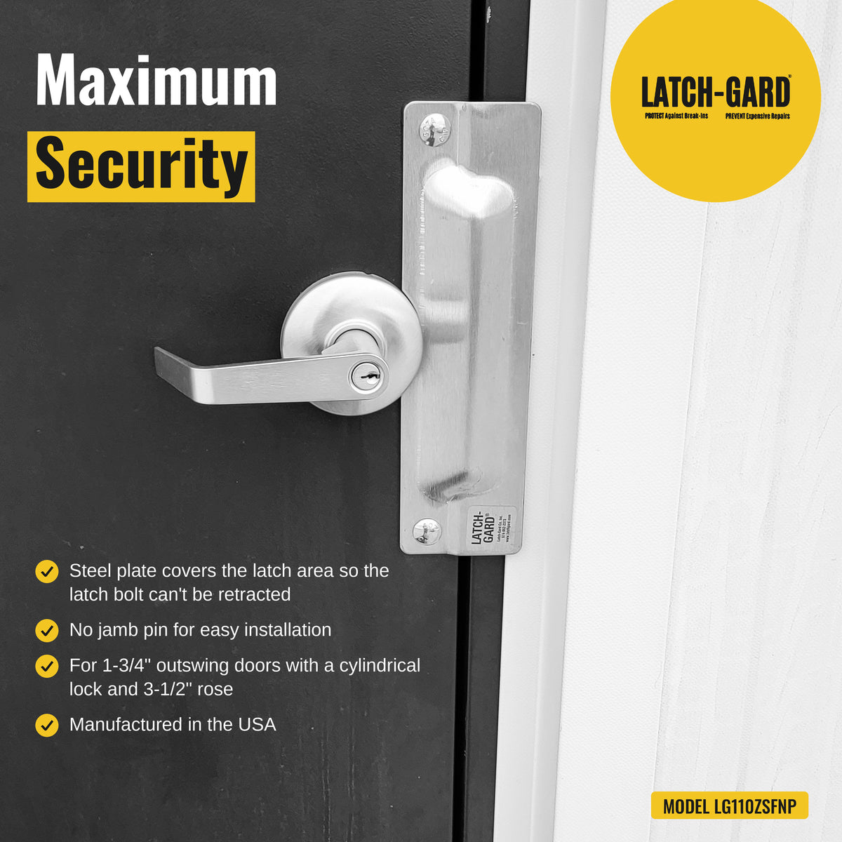 Latch-Gard LG110ZSFNP maximum security infographic: plate blocks prying at the latch