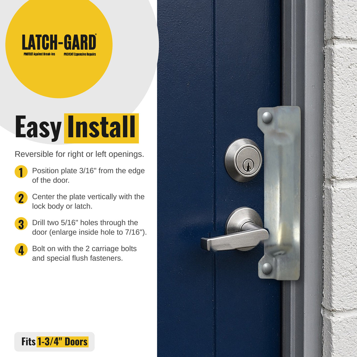 Latch-Gard LG115Z easy install steps with latch guard shown on an outswing door
