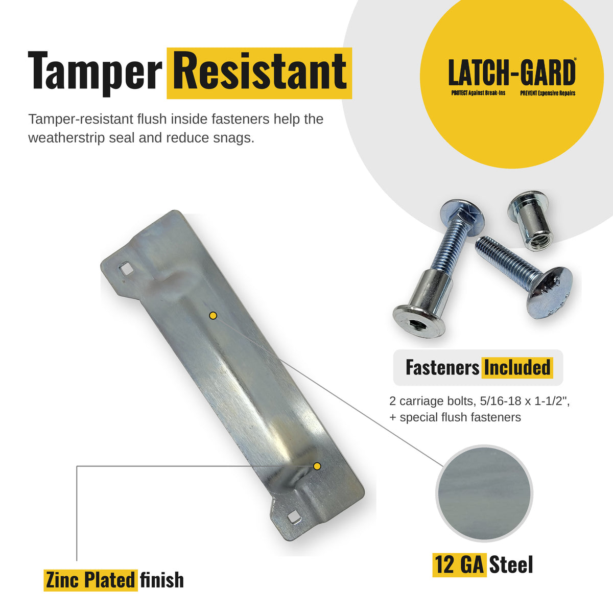 Latch-Gard LG115Z tamper-resistant fasteners and key features infographic