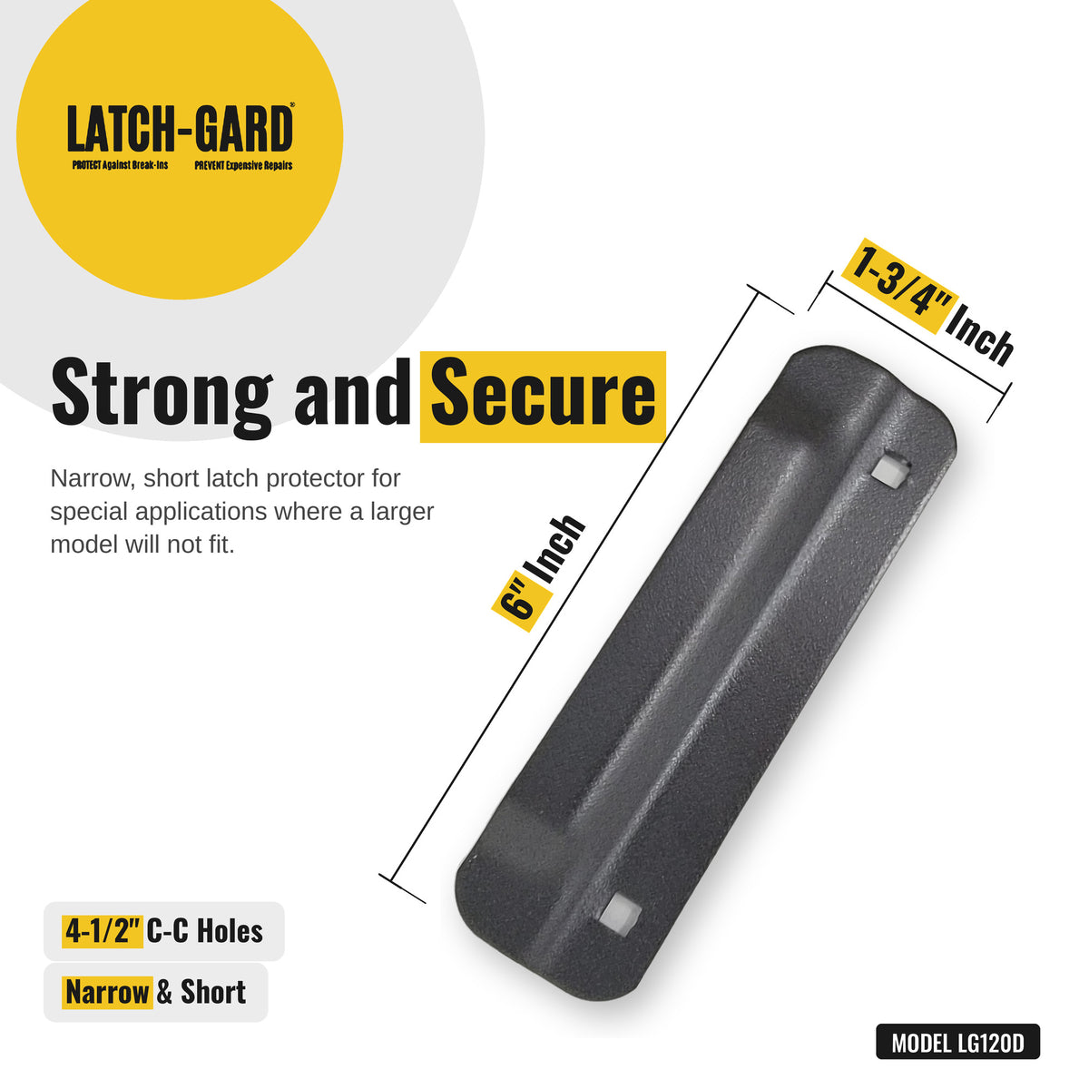 Latch-Gard LG120D latch guard dimensions: 1-3/4 x 6 in, Duronodic dark bronze steel plate, with fasteners