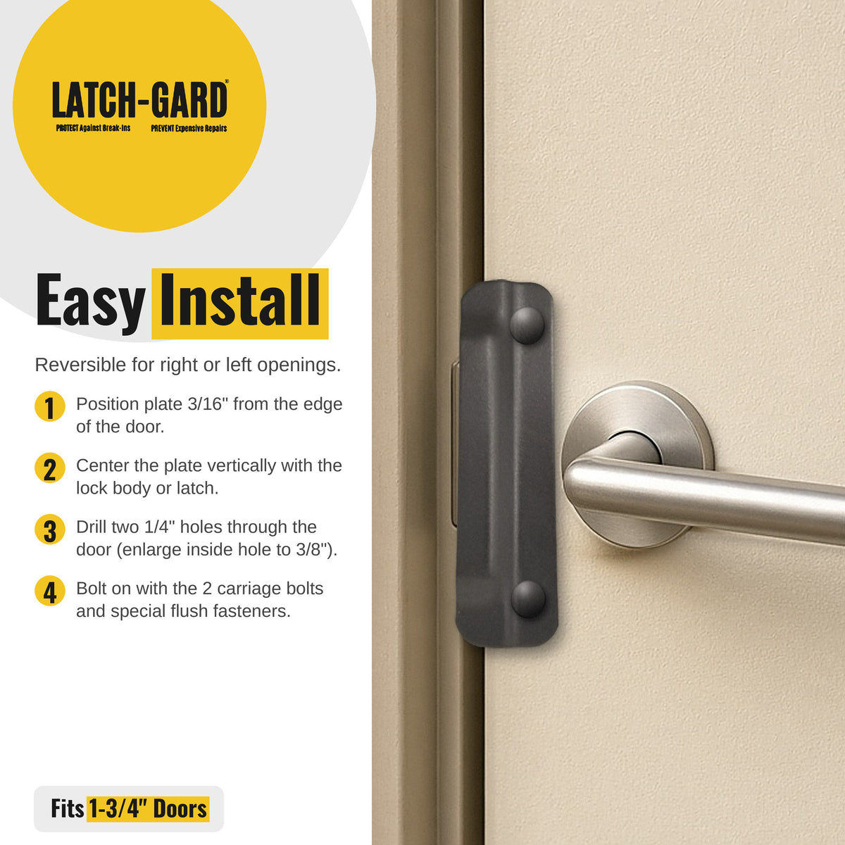 Latch-Gard LG120D easy install steps with latch guard shown on an outswing door