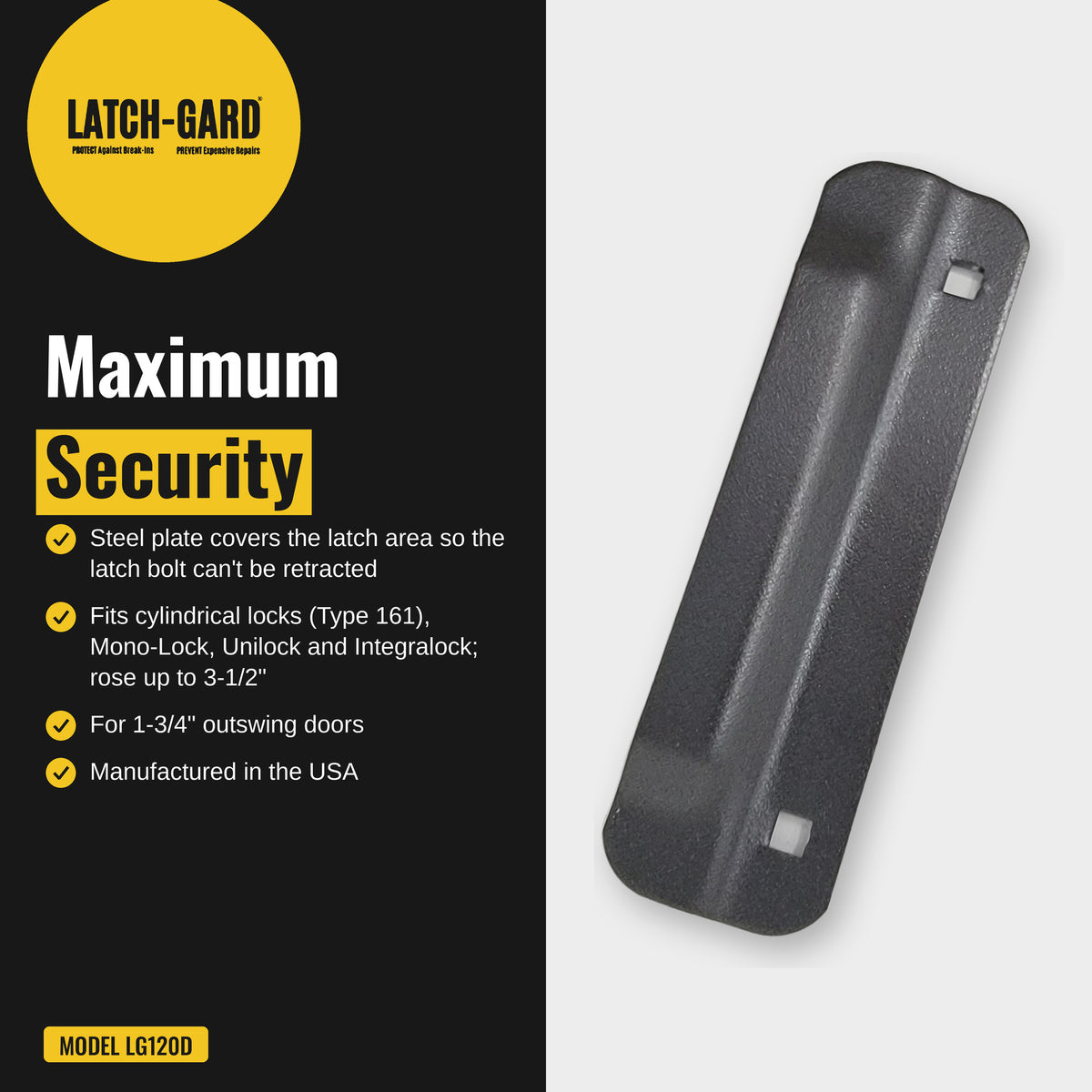 Latch-Gard LG120D maximum security infographic: plate blocks prying at the latch