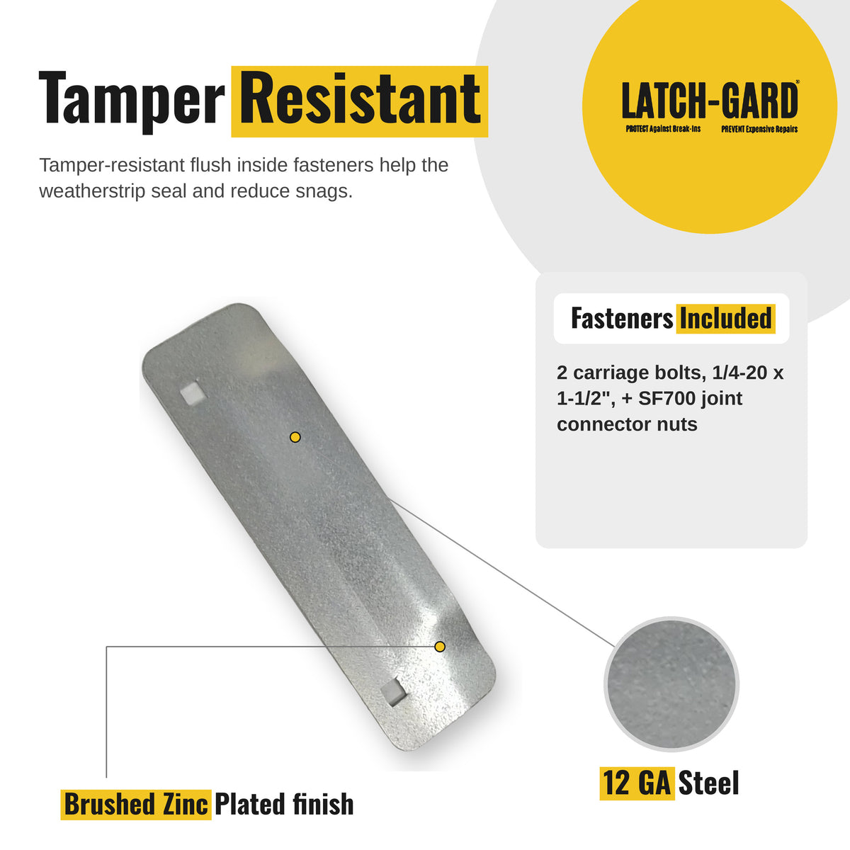 Latch-Gard LG120Z tamper-resistant fasteners and key features infographic