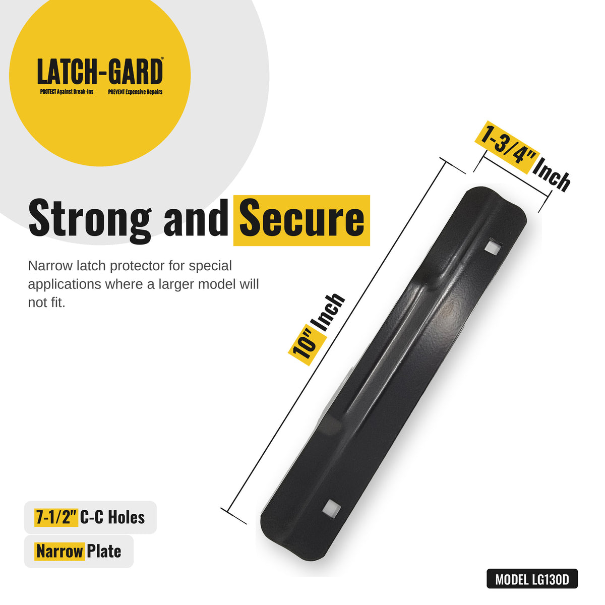 Latch-Gard LG130D latch guard dimensions: 1-3/4 x 10 in, Duronodic dark bronze steel plate, with fasteners