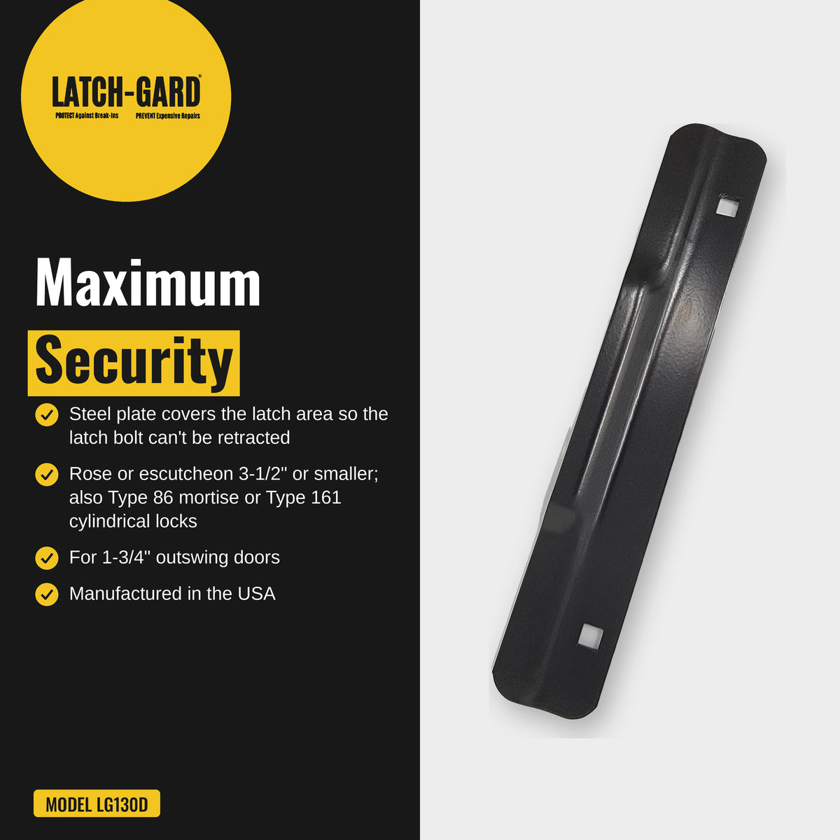 Latch-Gard LG130D maximum security infographic: plate blocks prying at the latch