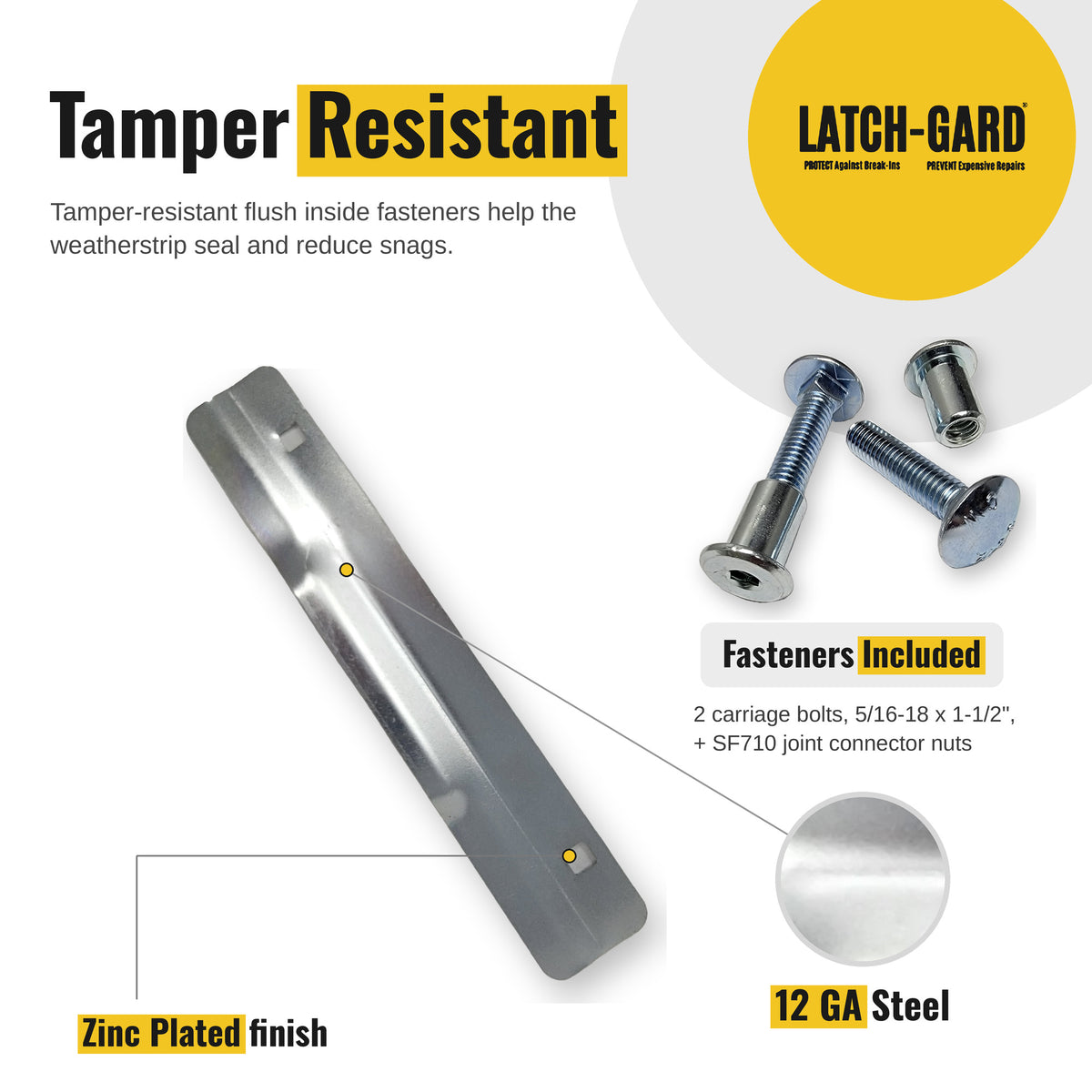 Latch-Gard LG130Z tamper-resistant fasteners and key features infographic