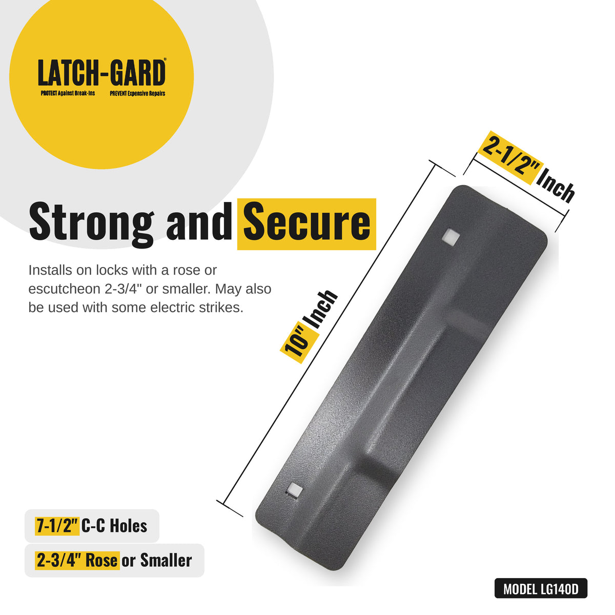 Latch-Gard LG140D latch guard dimensions: 2-1/2 x 10 in, Duronodic dark bronze steel plate, with fasteners