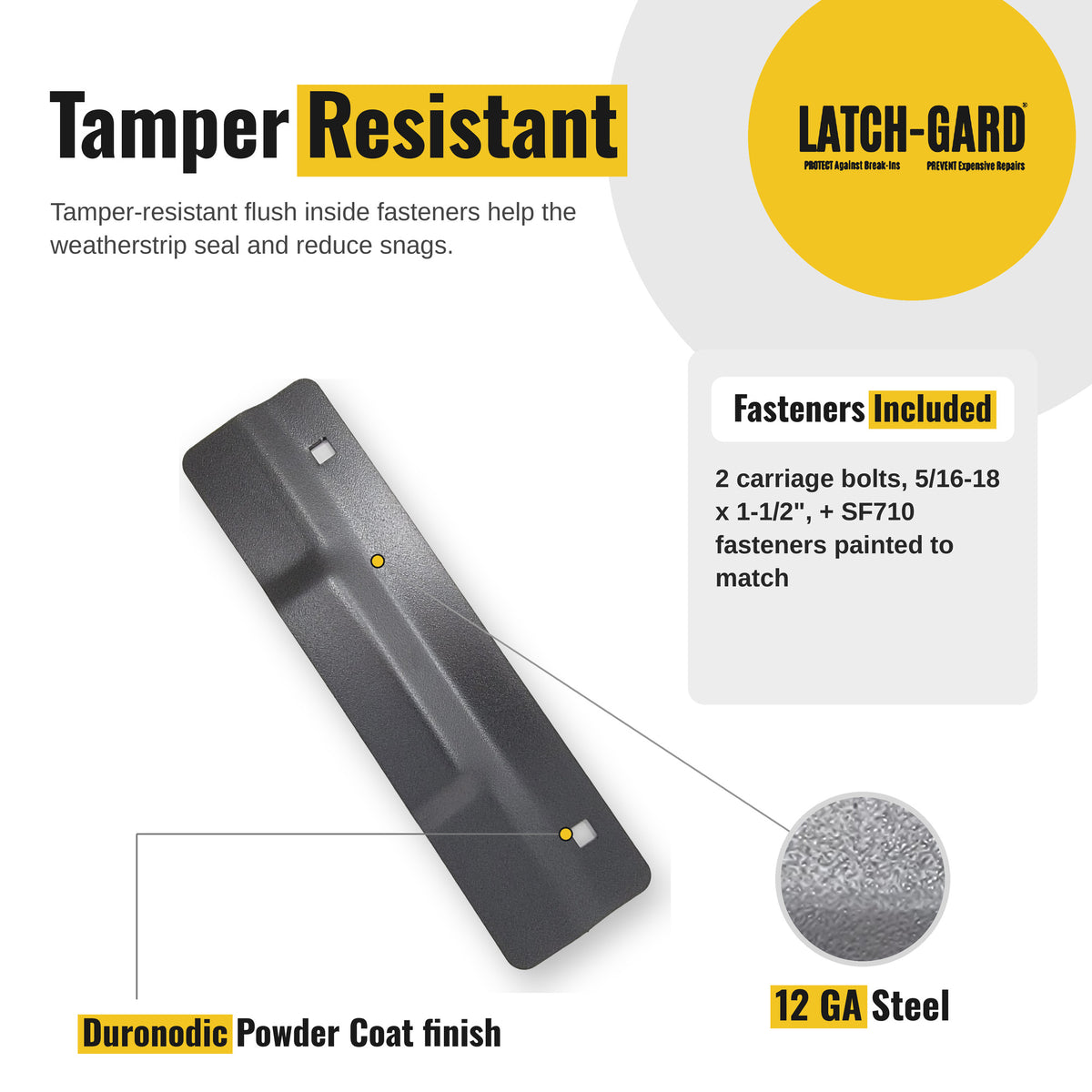 Latch-Gard LG140D tamper-resistant fasteners and key features infographic