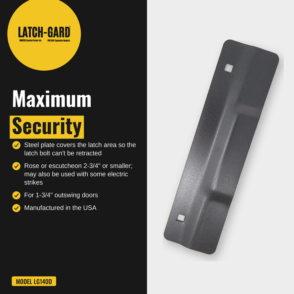 Latch-Gard LG140D maximum security infographic: plate blocks prying at the latch