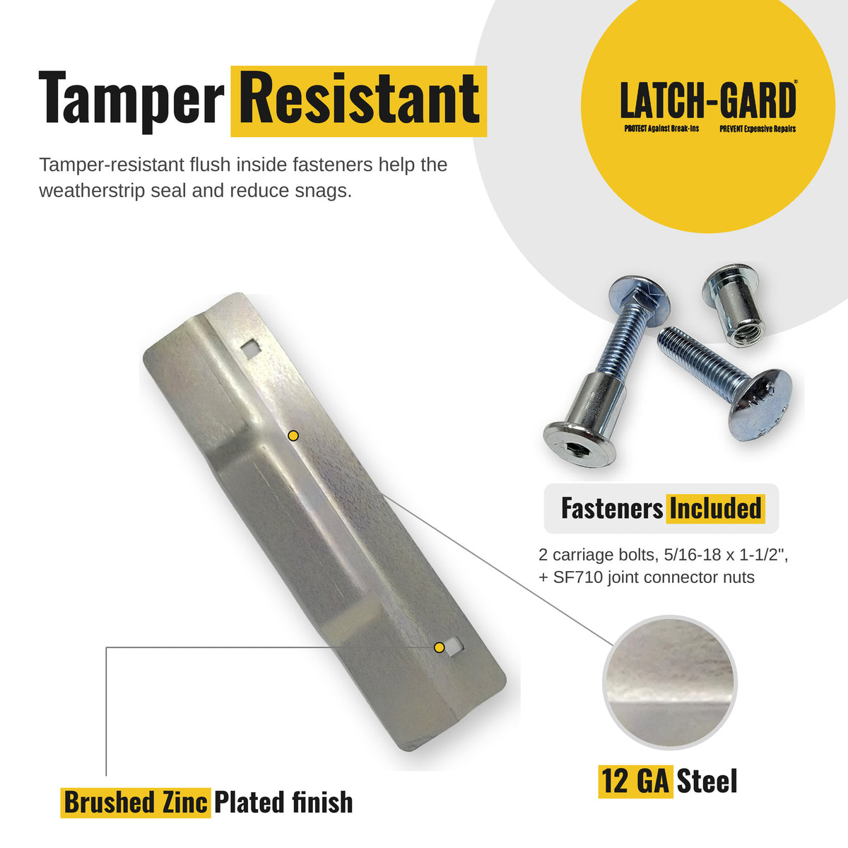 Latch-Gard LG140Z tamper-resistant fasteners and key features infographic