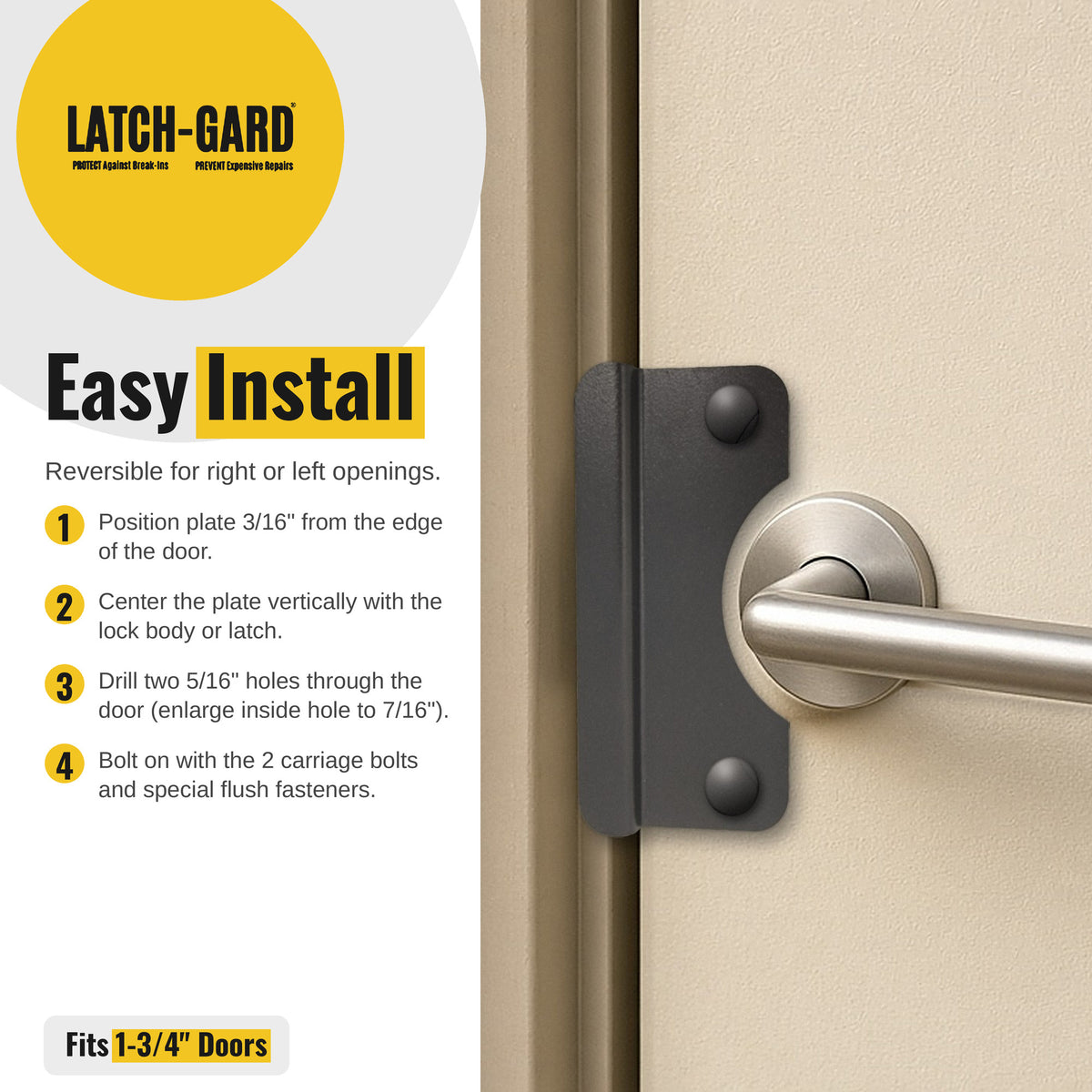 Latch-Gard LG150D easy install steps with latch guard shown on an outswing door