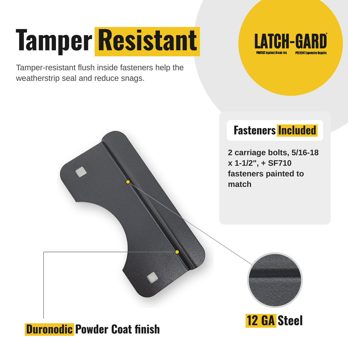 Latch-Gard LG150D tamper-resistant fasteners and key features infographic
