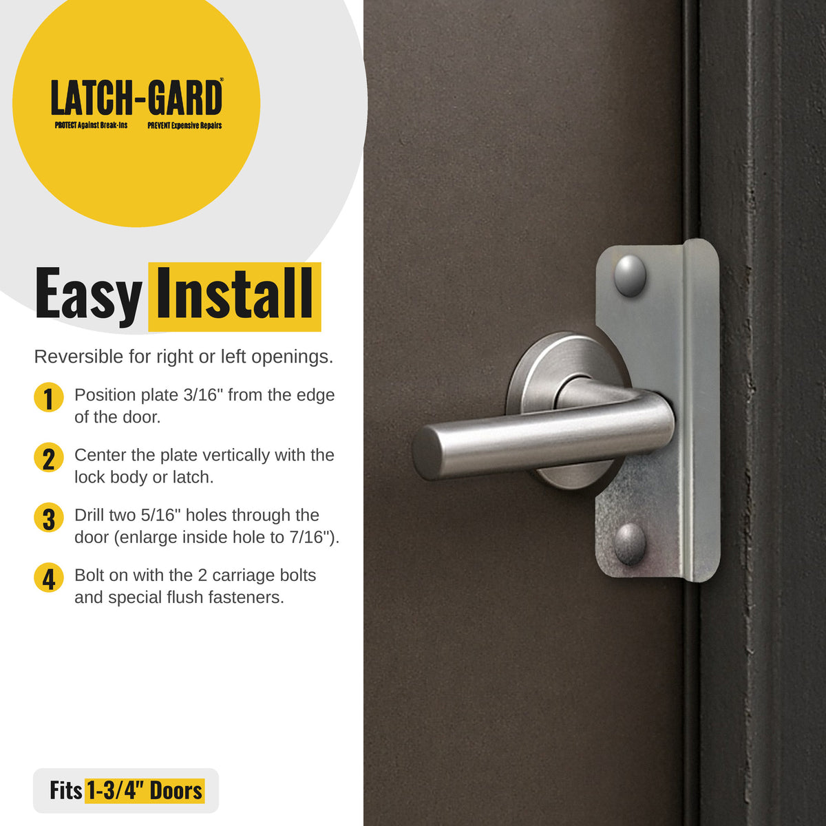 Latch-Gard LG150Z easy install steps with latch guard shown on an outswing door