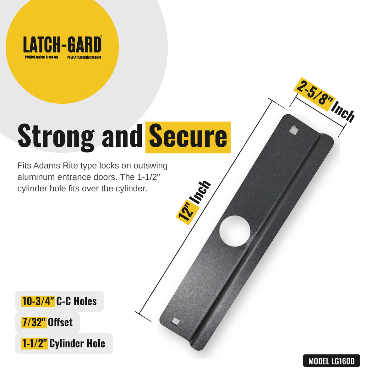 Latch-Gard LG160D latch guard dimensions: 2-5/8 x 12 in, Duronodic dark bronze steel plate, with fasteners