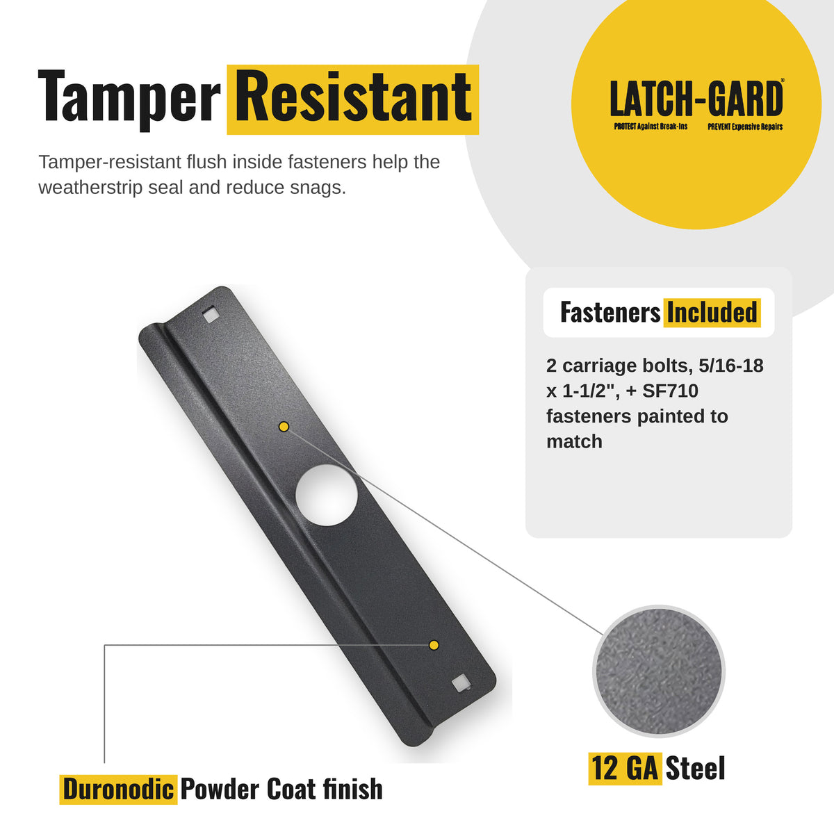 Latch-Gard LG160D tamper-resistant fasteners and key features infographic