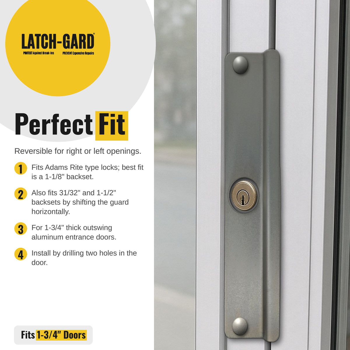 Latch-Gard LG160Z easy install steps with latch guard shown on an outswing door