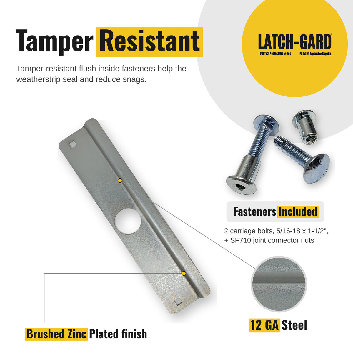 Latch-Gard LG160Z tamper-resistant fasteners and key features infographic