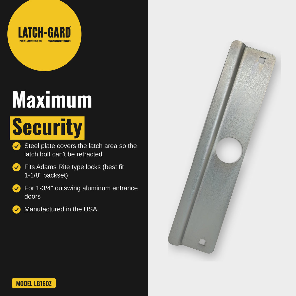 Latch-Gard LG160Z maximum security infographic: plate blocks prying at the latch
