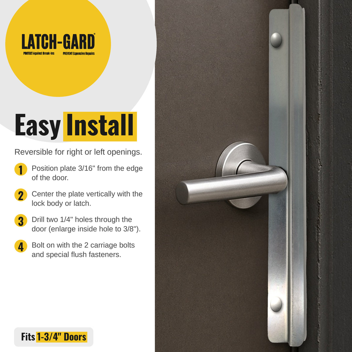 Latch-Gard LG171Z easy install steps with latch guard shown on an outswing door