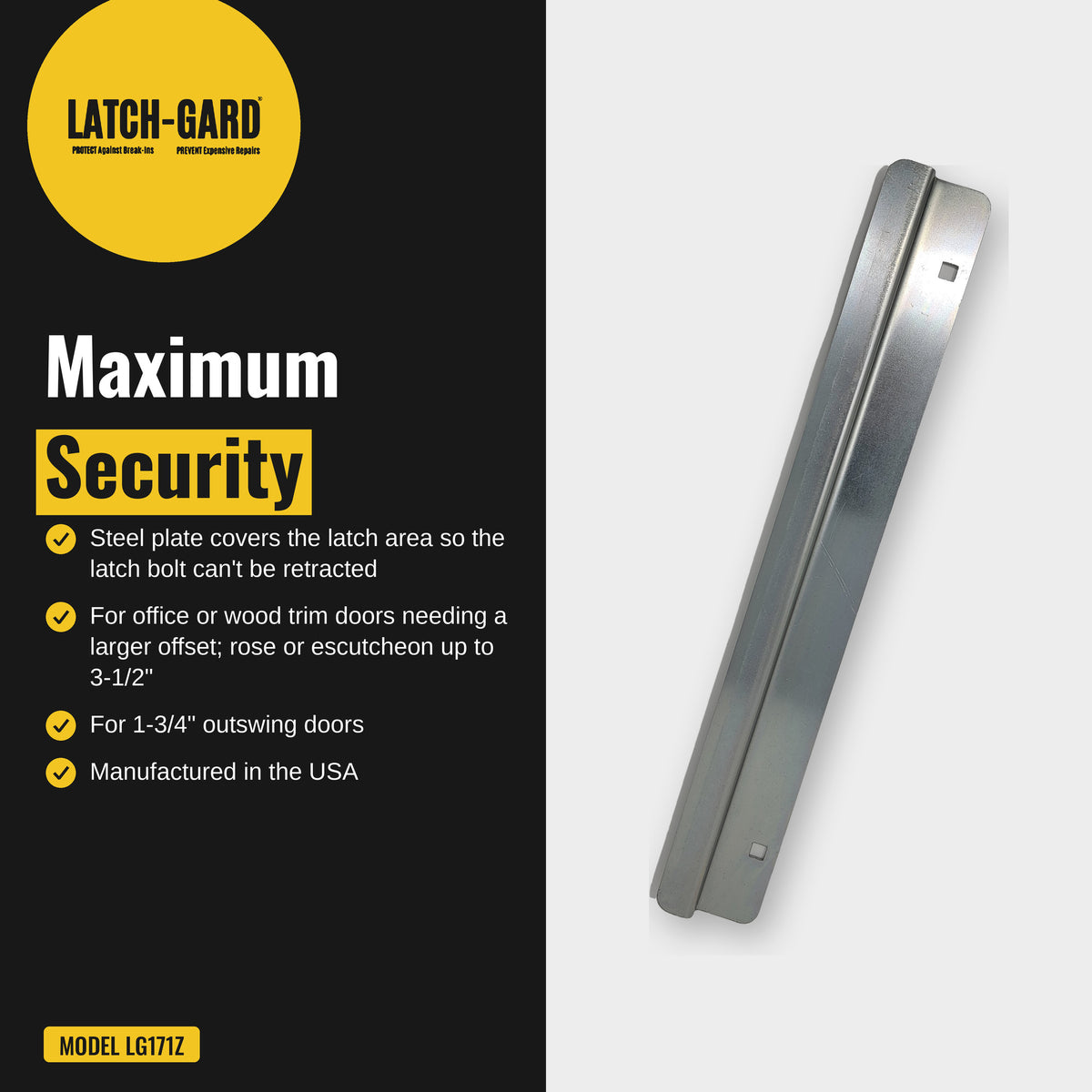 Latch-Gard LG171Z maximum security infographic: plate blocks prying at the latch