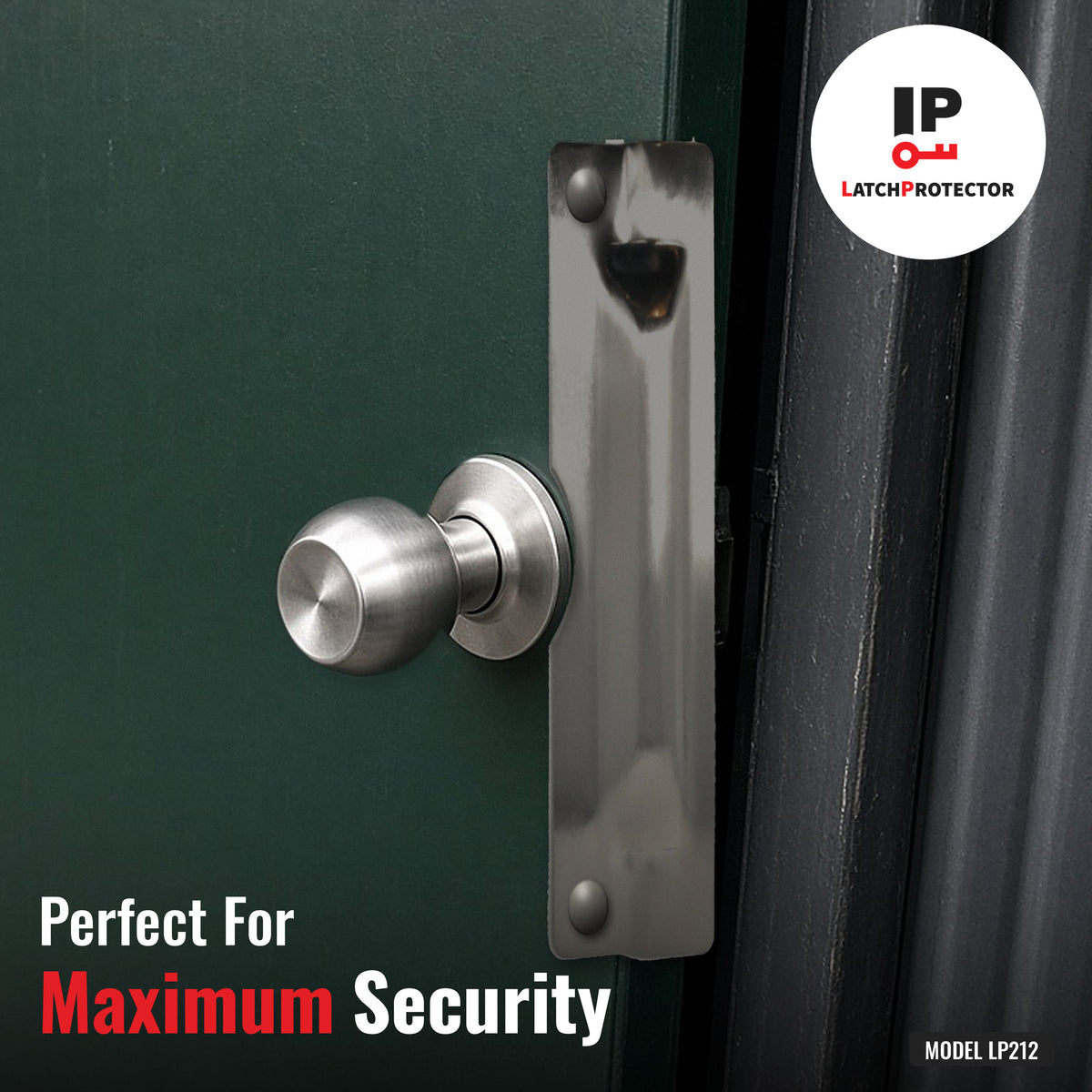 LATCHPROTECTOR LP212 latch guard installed on an outswing door: perfect for maximum security