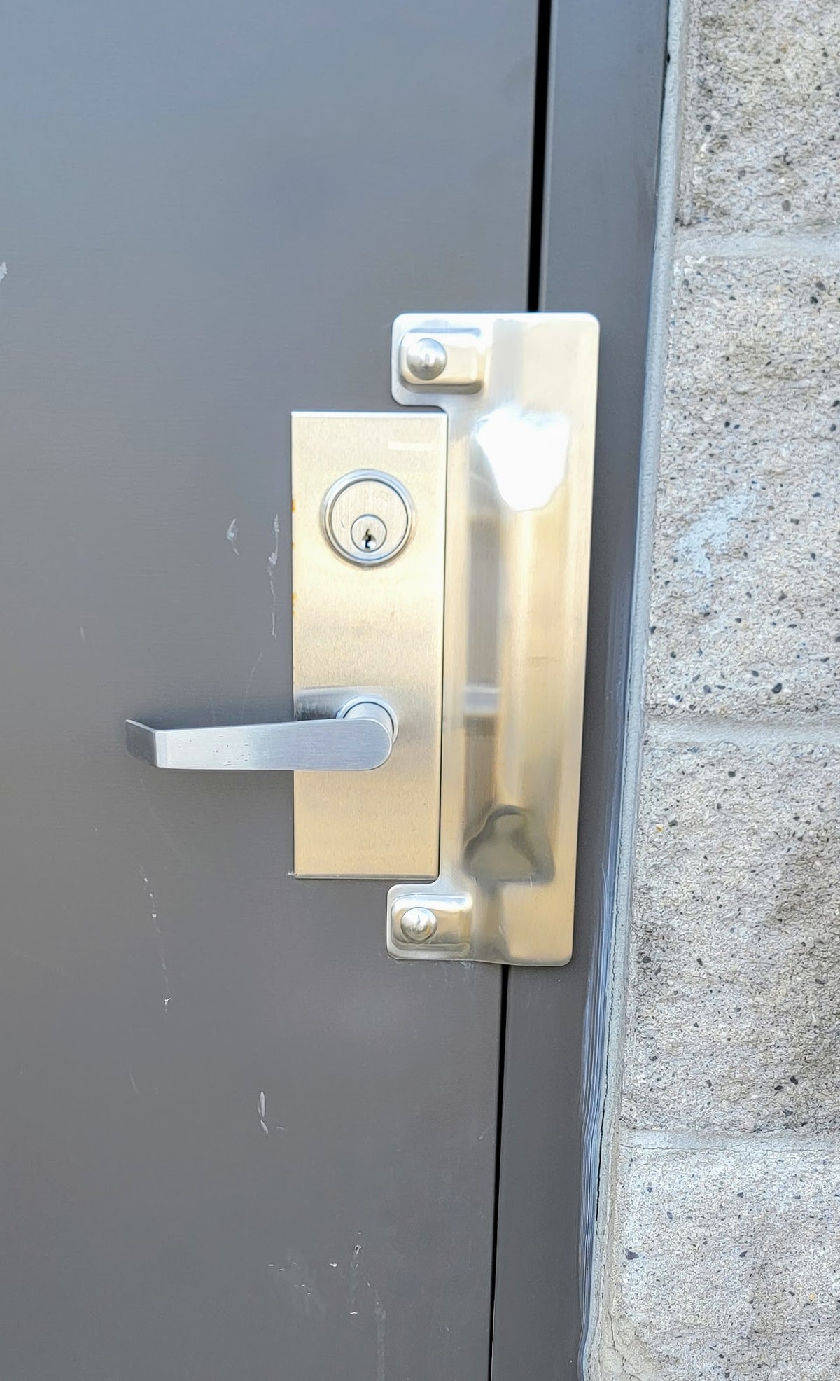 LATCHPROTECTOR LP225 stainless latch guard installed on door, real photo